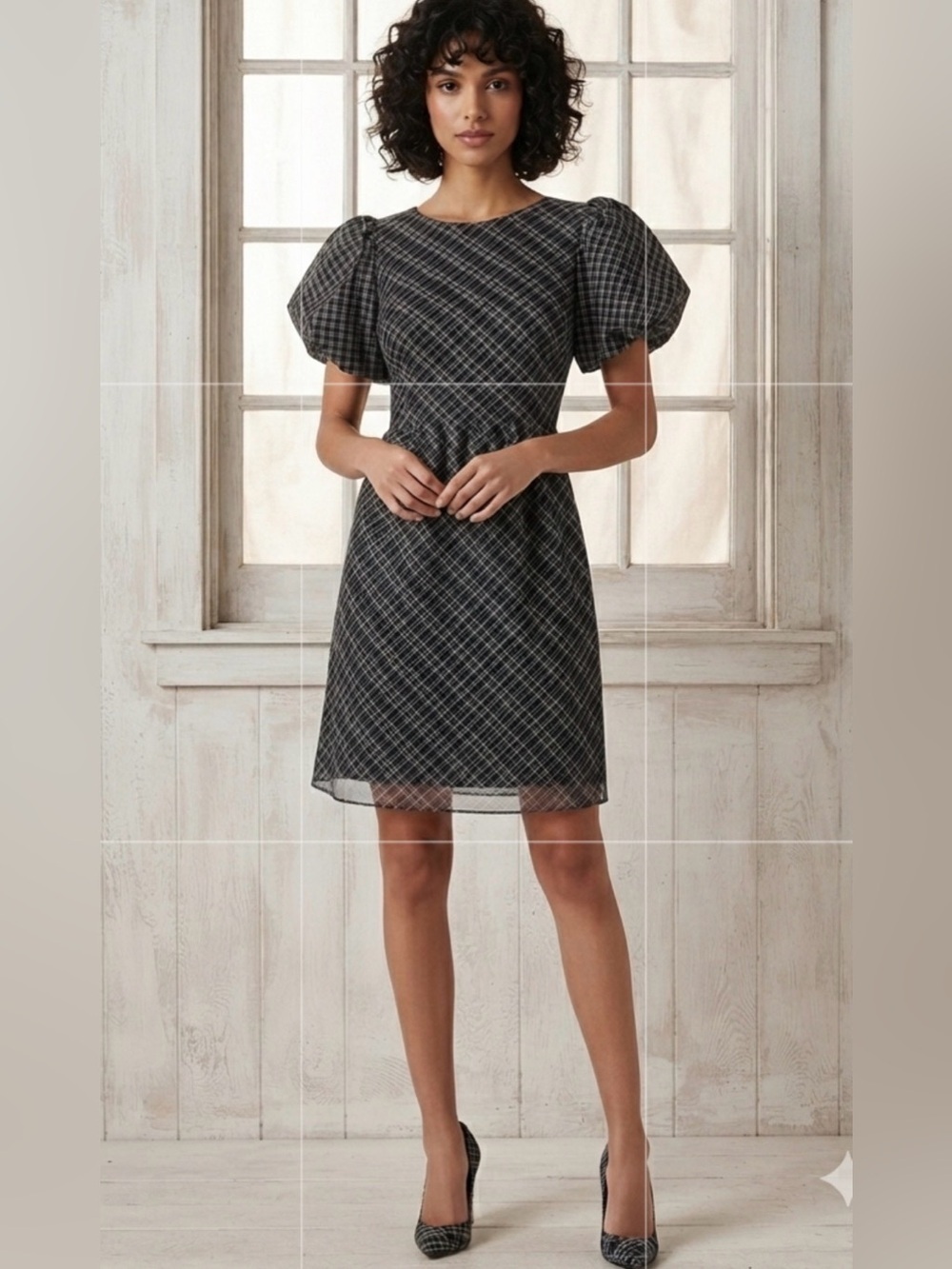 Skies are Blue Black Windowpane Puff-Sleeve Mini Dress